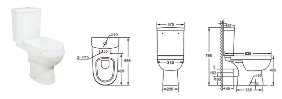 Ghế kéo dài 655 * 375 * 795mm Wc nhà vệ sinh hai mảnh cho phòng tắm